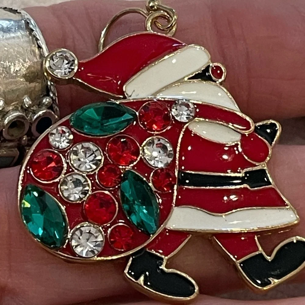 💐5/25 Santa enamel colorful silvertone Christmas earrings rhinestone gift bag